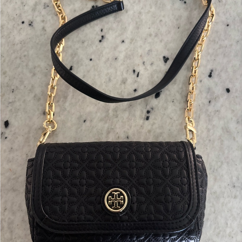 Tory Burch Black Quilted Leather Crossbody with Gold Chain
